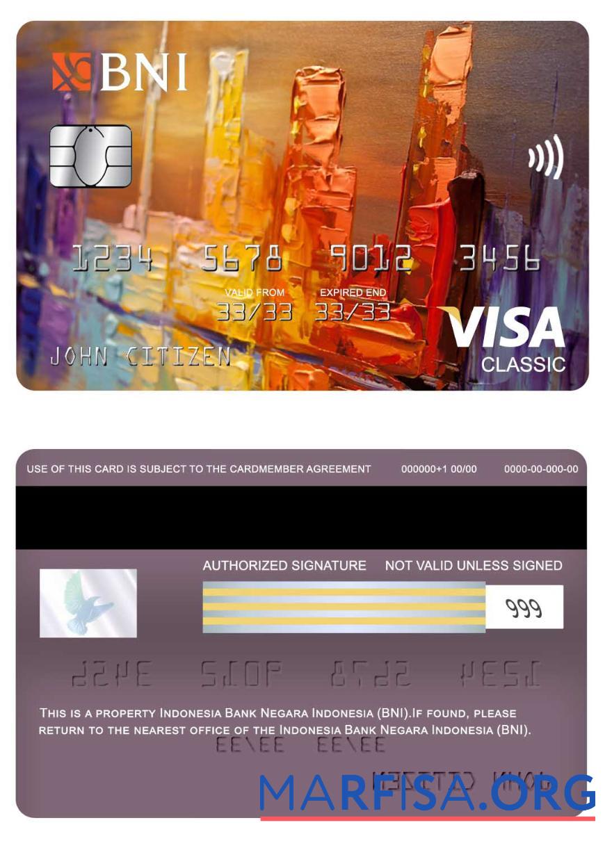 Realistic Indonesia Bank Negara Indonesia (BNI) visa classic card real example